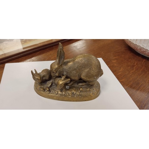 263 - Heavy brass rabbit family sculpture