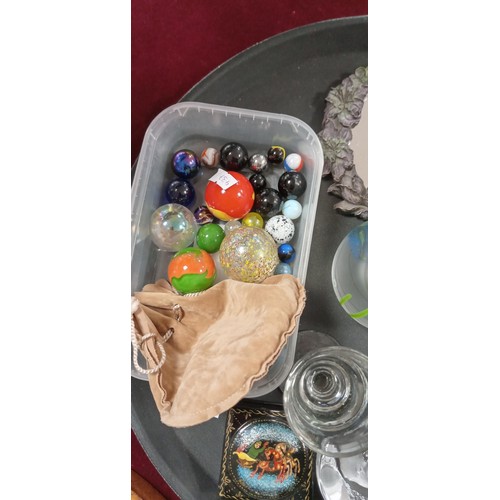 298 - Tray lot of glassware, marbles and more