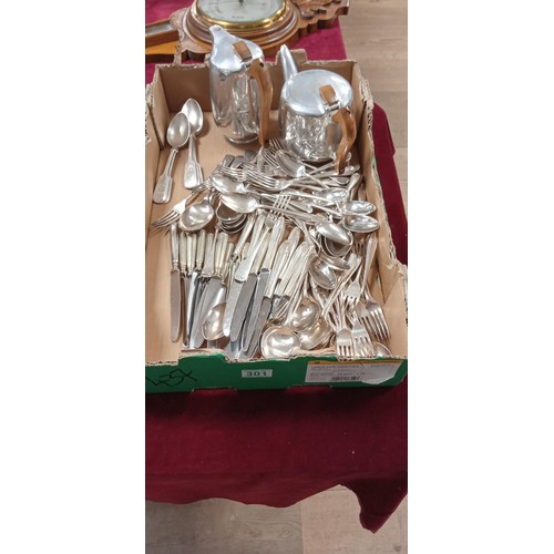 301 - Selection of quality metal cutlery and Picquot ware teapot and water pot