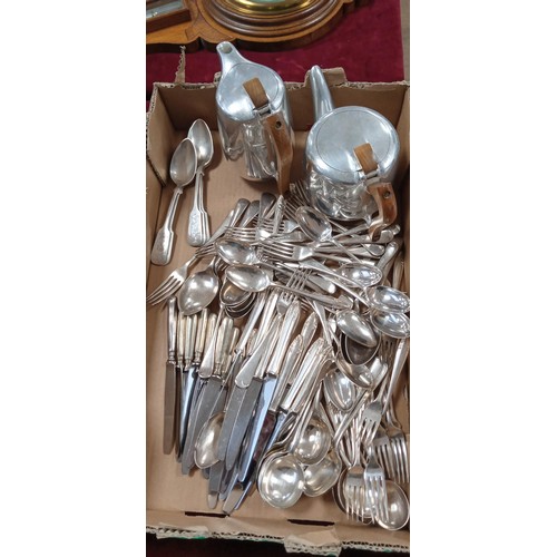 301 - Selection of quality metal cutlery and Picquot ware teapot and water pot