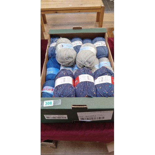 308 - Box of wool mainly blues and grey