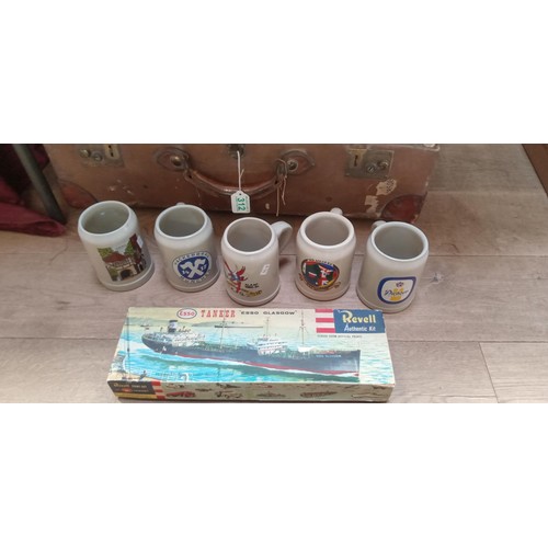 312 - Vintage case, picture and Revel boat plus German mugs