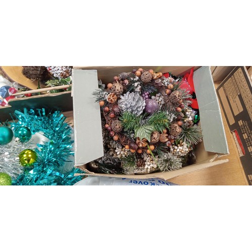 335 - 2 Boxes of Christmas decorations, tinsel and a hat tree