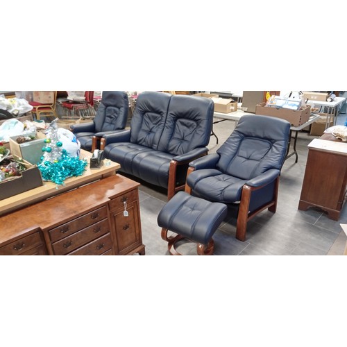 340 - Very dark blue Leather German Himolla 3-piece suite plus foot stool with 2 recliners