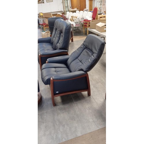 340 - Very dark blue Leather German Himolla 3-piece suite plus foot stool with 2 recliners