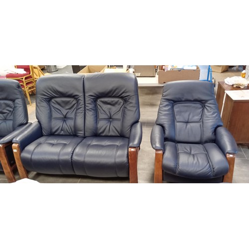 340 - Very dark blue Leather German Himolla 3-piece suite plus foot stool with 2 recliners