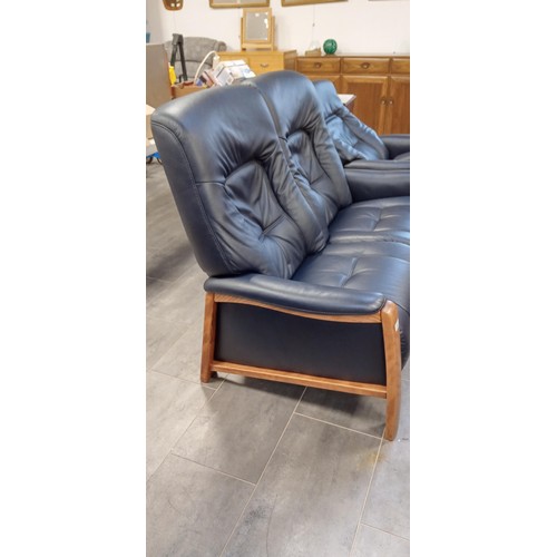 340 - Very dark blue Leather German Himolla 3-piece suite plus foot stool with 2 recliners