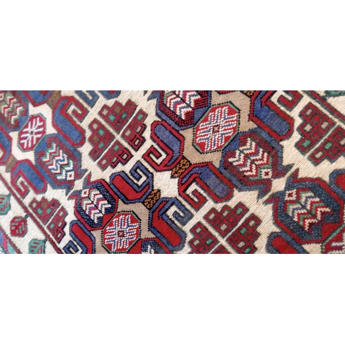 16 - Handmade Azerbaijan rug soumak/ flat weave hand knotted cream field with red and blue medallions 128... 