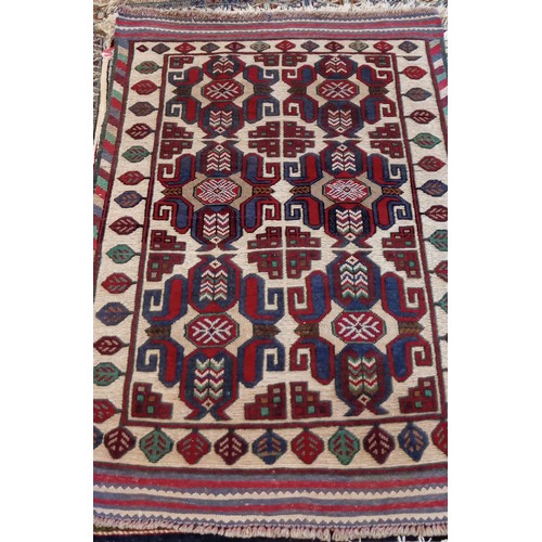 16 - Handmade Azerbaijan rug soumak/ flat weave hand knotted cream field with red and blue medallions 128... 