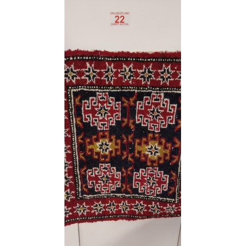 22 - Azerbaijan carpet pad blue field with medallions 60cm x 50cm approx plus one other