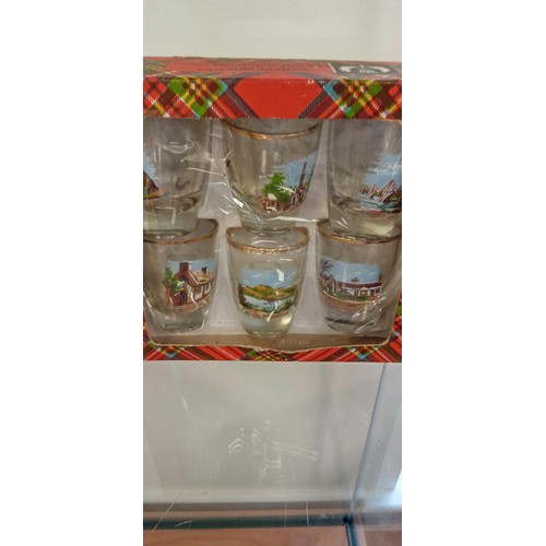 36 - Scottish themed dogs/ pheasant plates and Scottish landmark glasses