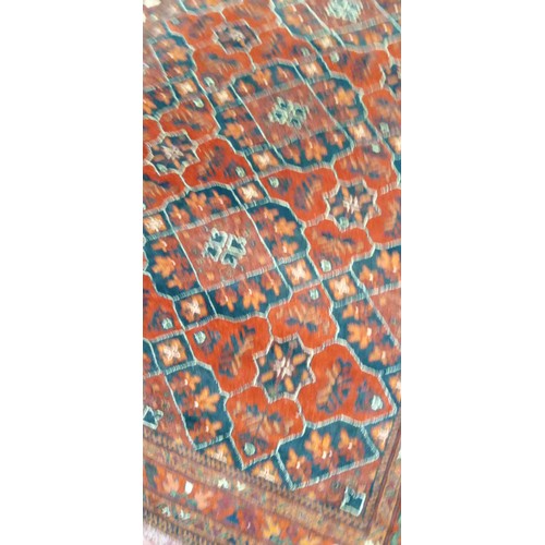 45 - Handmade Azerbaijan rug deep red field some fringe missing multi bordered 196cm x 125cm approx.