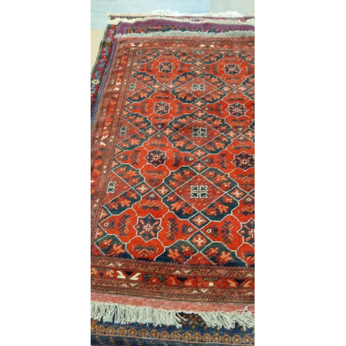 45 - Handmade Azerbaijan rug deep red field some fringe missing multi bordered 196cm x 125cm approx.