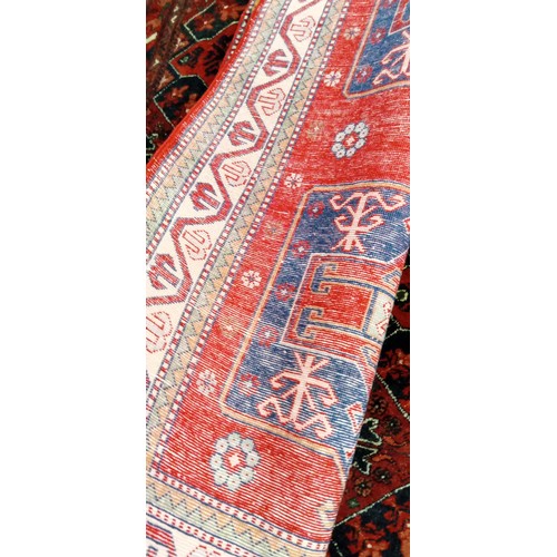 46 - Handmade Azerbaijan rug red field blue medallion with border Turkish prayer rug Kazak 143cm x 79cm a... 