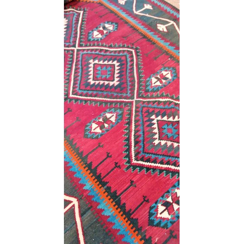 56 - Handmade Azerbaijan rug Kilim/ flat weave red centre field with 4 motifs and black border has colour... 