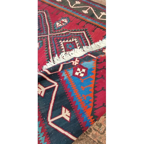 56 - Handmade Azerbaijan rug Kilim/ flat weave red centre field with 4 motifs and black border has colour... 