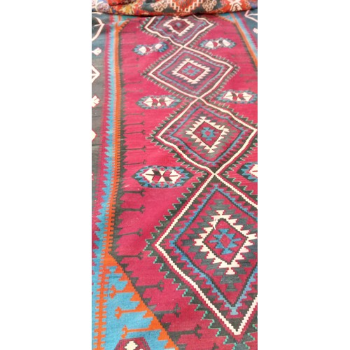 56 - Handmade Azerbaijan rug Kilim/ flat weave red centre field with 4 motifs and black border has colour... 