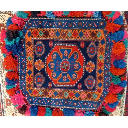 222 - Handmade Azerbaijan 1969 small rug blue field and multi coloured pom pom fringe 80cm x 80cm approx.