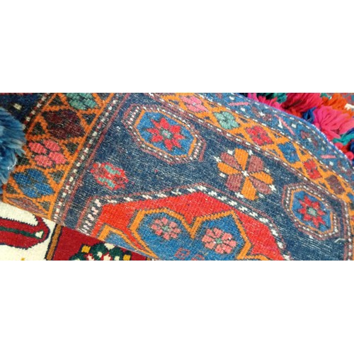 222 - Handmade Azerbaijan 1969 small rug blue field and multi coloured pom pom fringe 80cm x 80cm approx.