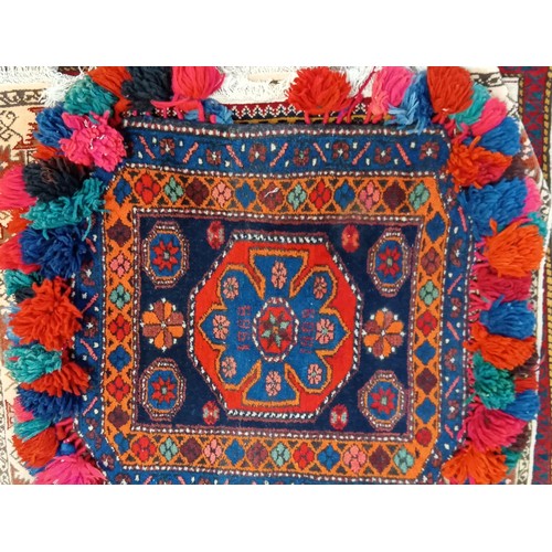 222 - Handmade Azerbaijan 1969 small rug blue field and multi coloured pom pom fringe 80cm x 80cm approx.