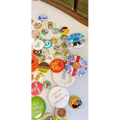 24 - Selection of vintage badges on places and slogans mainly