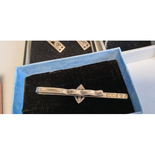 33 - Ola Gorrie silver hallmarked tie clip, Malcolm Gray silver hallmarked necklace plus 3 sets of 925 si... 