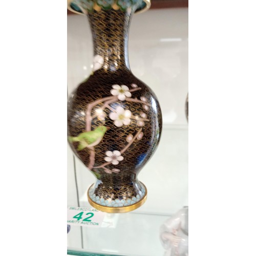 42 - Pair of vintage cloisonne vases stands at 18cm approx.