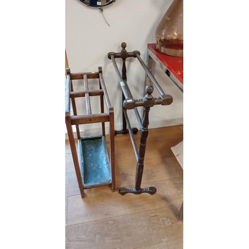 101 - Wooden stick/ umbrella stand plus vintage wooden towel rail