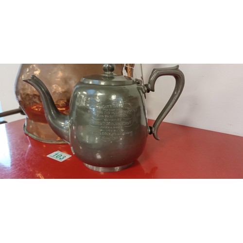 103 - Original copper customs and excise Georgian jug with stamp plus local interest teapot