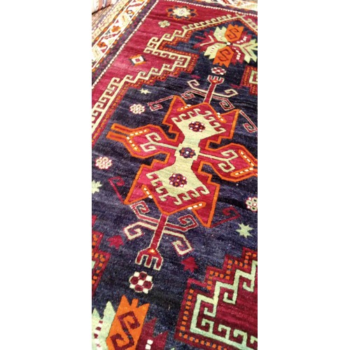 159 - Handmade Azerbaijan modern rug Kazak design burgundy field slight stain to fringe 255cm x 144cm appr... 