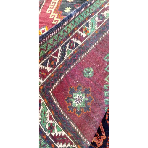 159 - Handmade Azerbaijan modern rug Kazak design burgundy field slight stain to fringe 255cm x 144cm appr... 