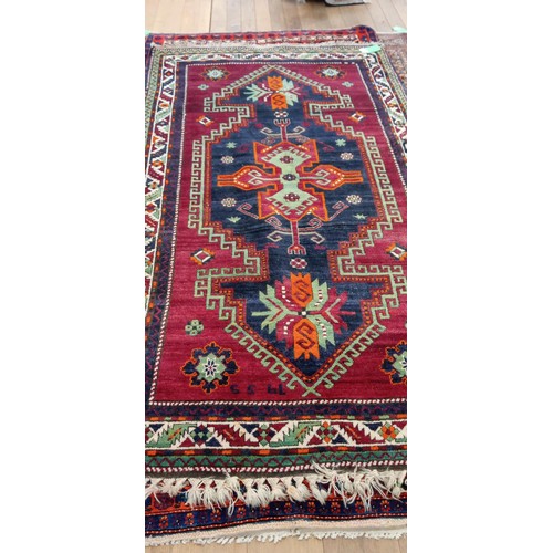 159 - Handmade Azerbaijan modern rug Kazak design burgundy field slight stain to fringe 255cm x 144cm appr... 