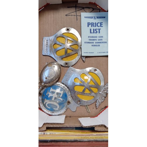 198 - Box of AA badges, AA booklets and vintage motorcycle magazines