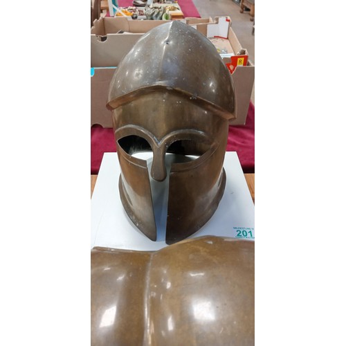 201 - Medieval helmet and body armour with leather trim