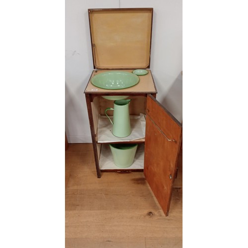 22 - Original vintage wooden washstand with enamel contents includes pail, jug, bowl & soap holder