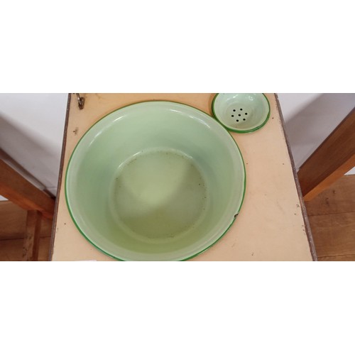 22 - Original vintage wooden washstand with enamel contents includes pail, jug, bowl & soap holder