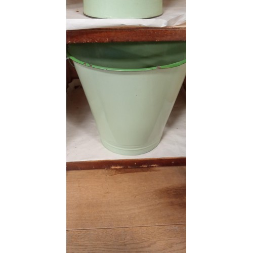 22 - Original vintage wooden washstand with enamel contents includes pail, jug, bowl & soap holder