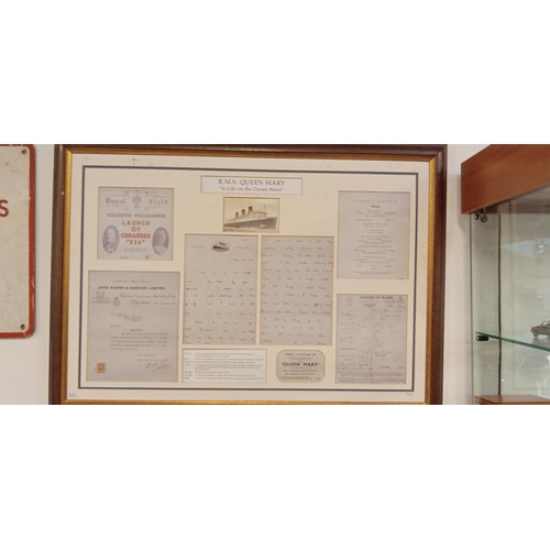 24 - Framed RMS Queen Mary memorabilia documented HC/1000