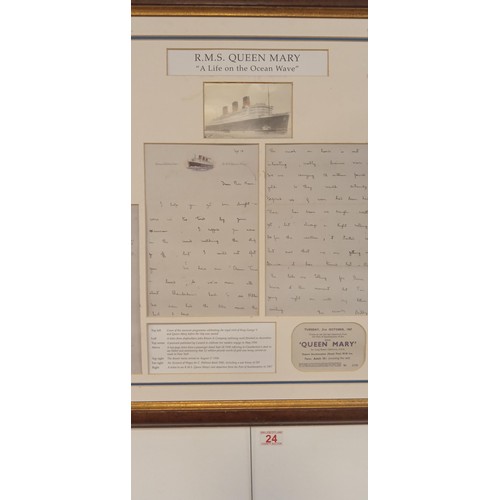 24 - Framed RMS Queen Mary memorabilia documented HC/1000