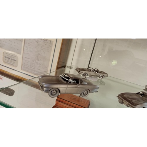 33 - Pewter cars to include Volvo 1800S, Shelby Mustang, Corvette, Thunderbird & Jaguar