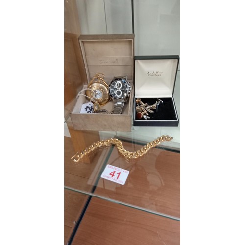 41 - Ladies and gents wrist watches plus pocket watch, cufflinks and imitation gold bracelet