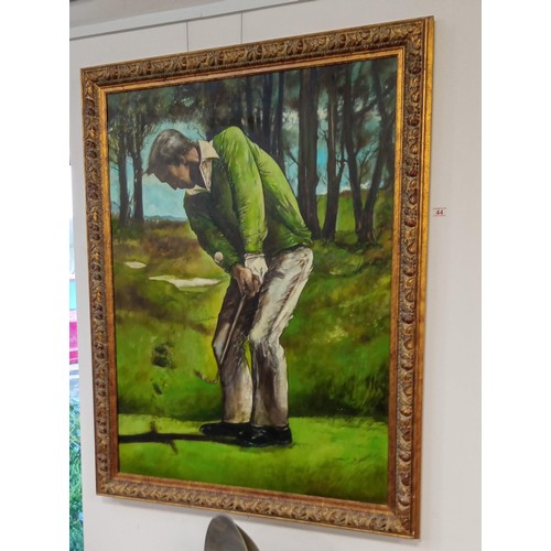 44 - Ornate framed oil on canvas 'Golfer' by Neil Stuart 1996 measures 140cm x 109cm approx.