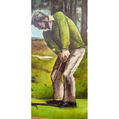 44 - Ornate framed oil on canvas 'Golfer' by Neil Stuart 1996 measures 140cm x 109cm approx.