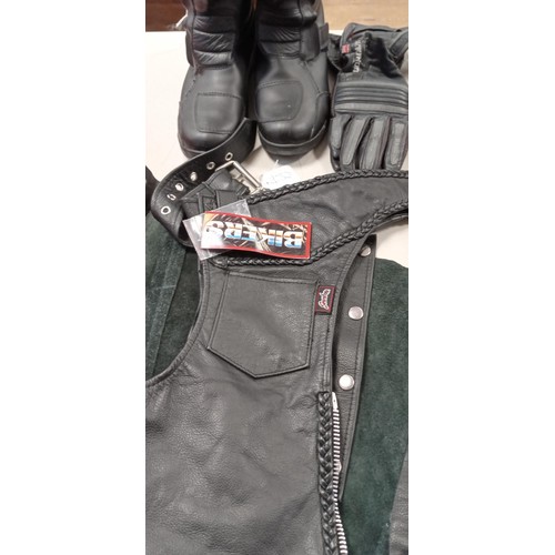 223 - Gearbox Bikers brand new chaps size S plus gloves and boots size UK5