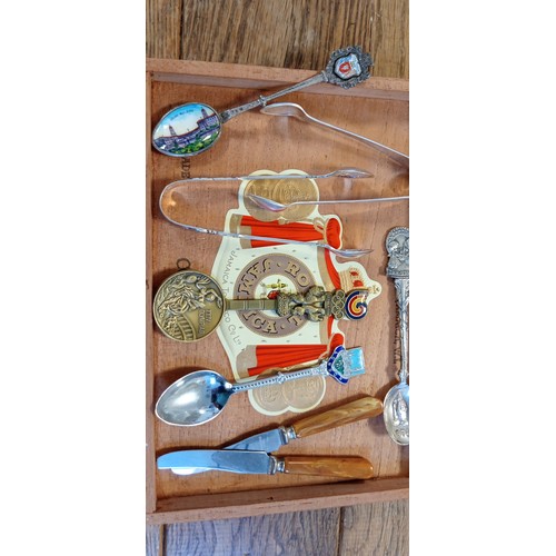 12 - Selection of vintage teaspoons and cutlery plus sugar tongs in a vintage cigar box