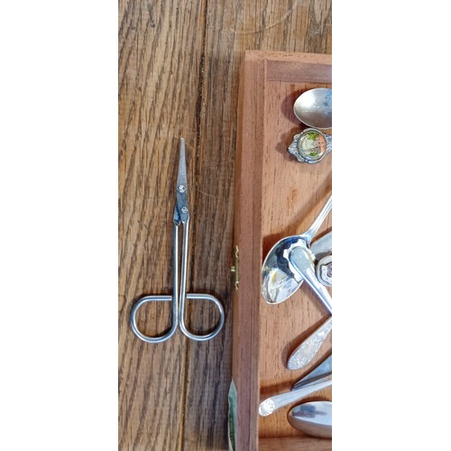 12 - Selection of vintage teaspoons and cutlery plus sugar tongs in a vintage cigar box