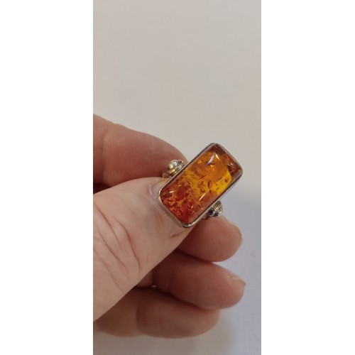 21 - Vintage amber & silver hallmarked ring size N approx