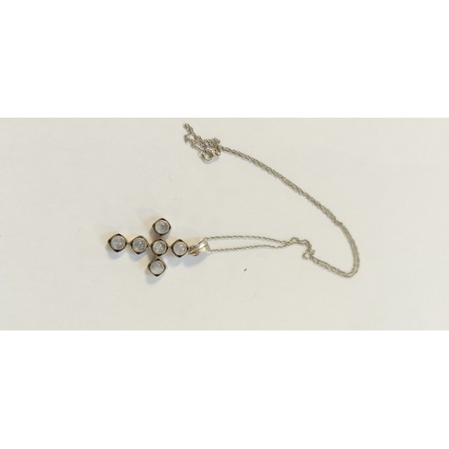 22 - Silver cross and chain with white stones