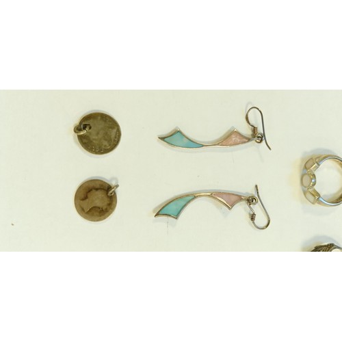 72 - Selection of silver jewellery to include rings, earrings and silver coin pendants, Art Nouveau and S... 