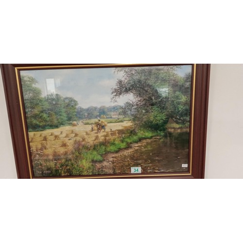 34 - Framed vintage farming scene